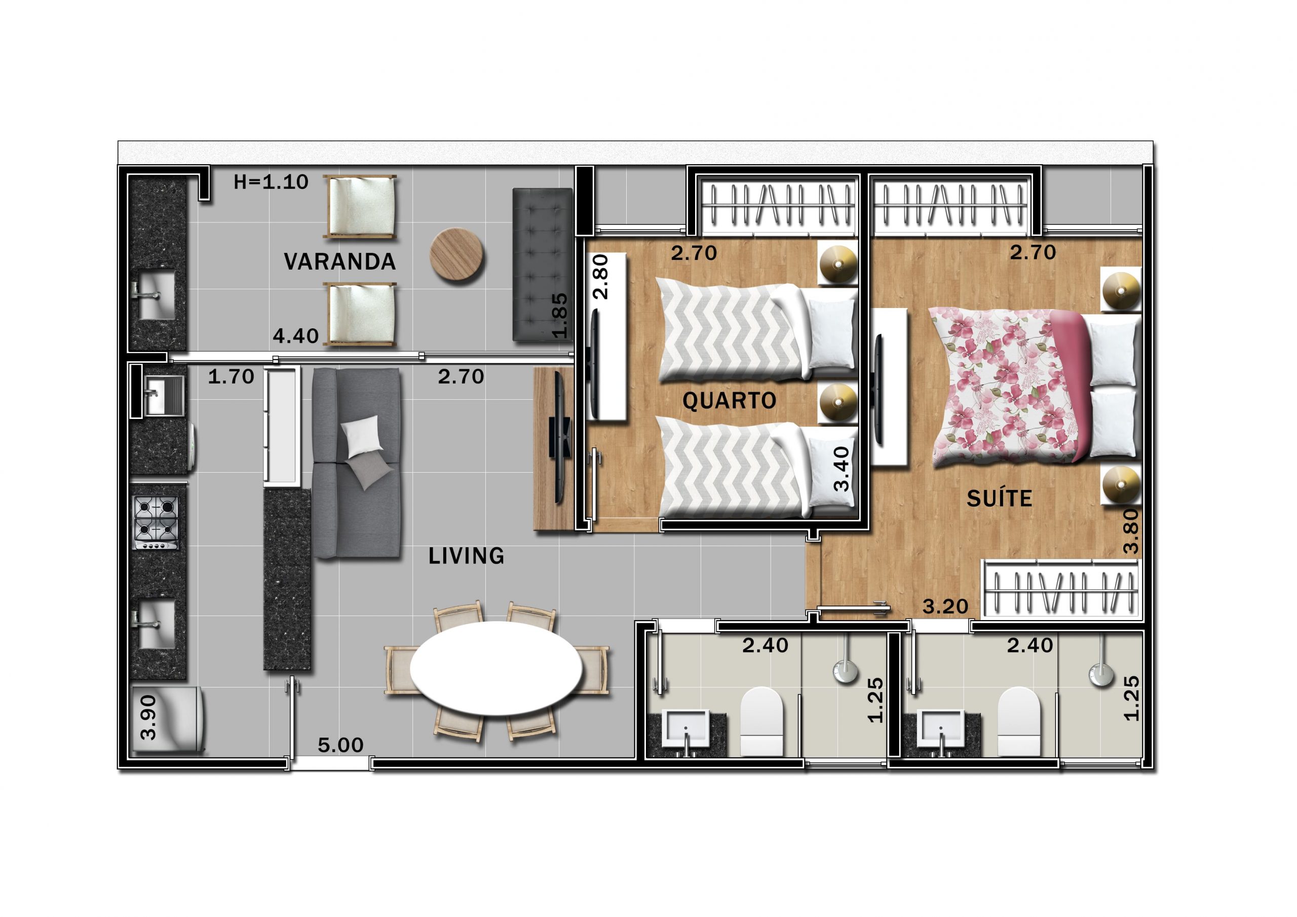 Apartamento 2 quartos, sendo um suíte, 1 vaga de garagem coberta